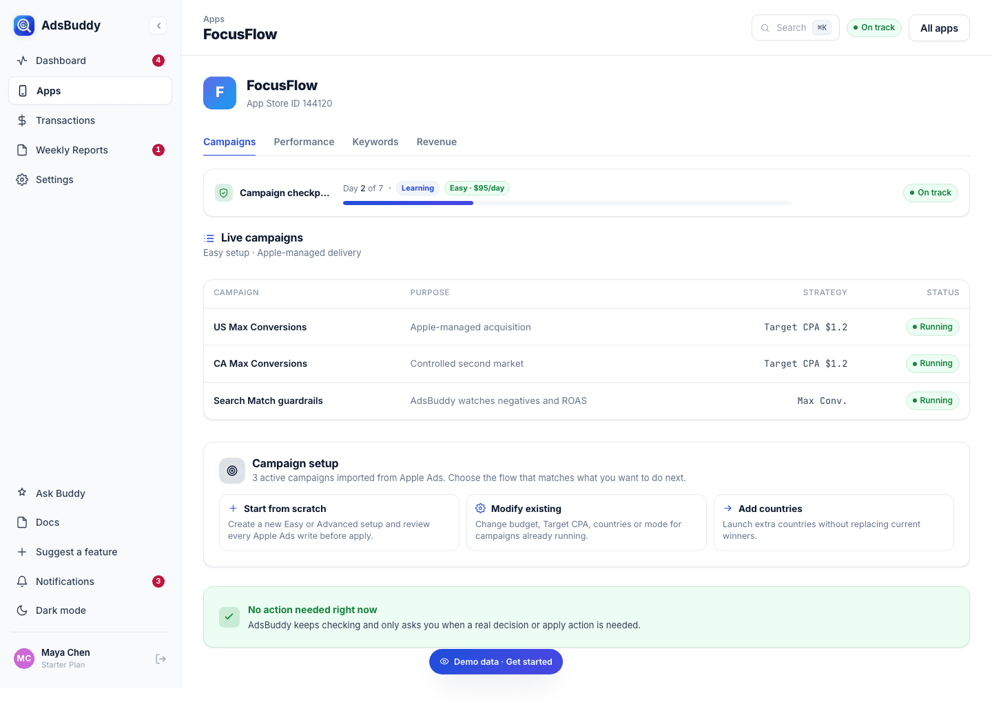 Dashboard web del producto SaaS AdsBuddy